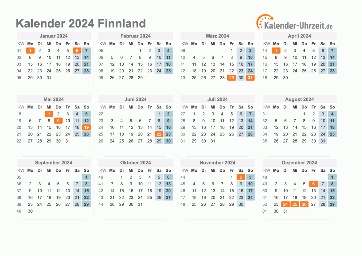 Kalender 2024 Finnland mit Feiertagen