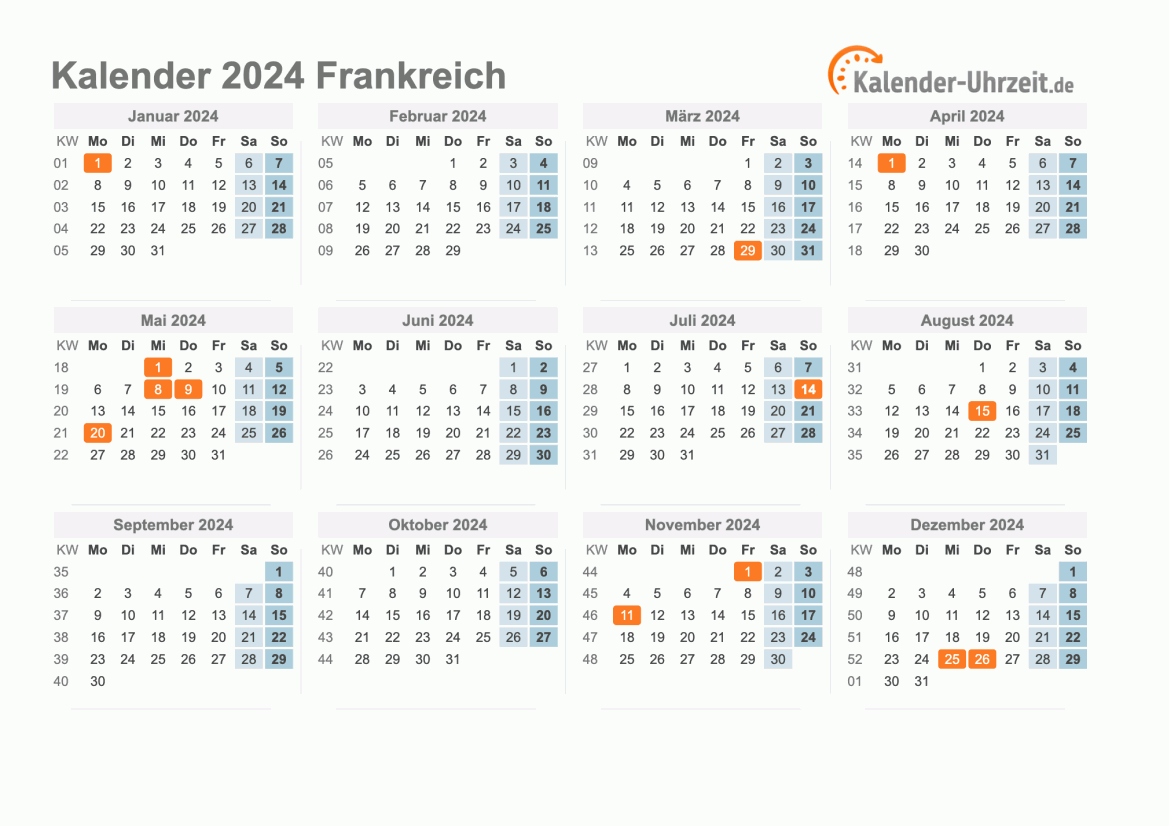 Kalender 2024 Frankreich mit Feiertagen