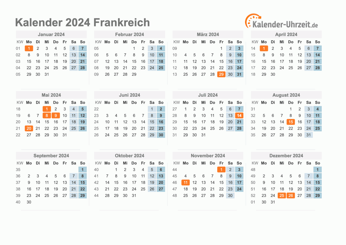 Kalender 2024 Frankreich mit Feiertagen zum Ausdrucken Kalender 2024 Frankreich mit Feiertagen