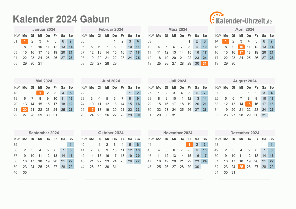 Kalender 2024 Gabun mit Feiertagen