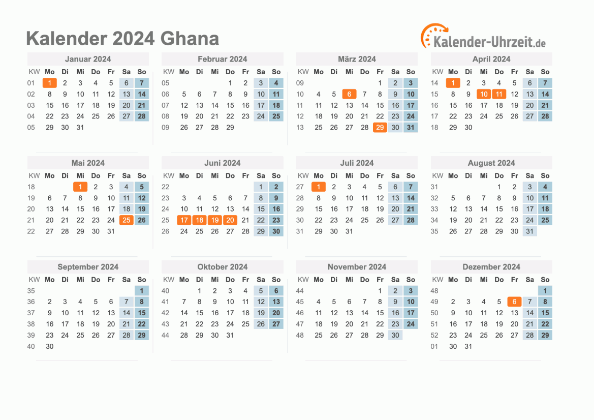 Kalender 2024 Ghana mit Feiertagen