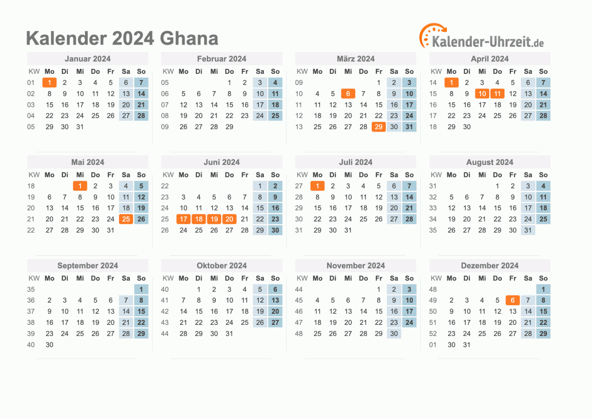 Kalender 2024 Ghana mit Feiertagen zum Ausdrucken Kalender 2024 Ghana mit Feiertagen