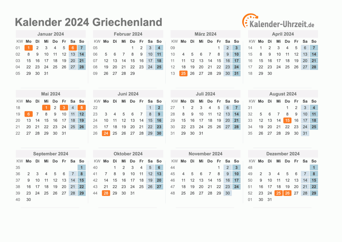Kalender 2024 Griechenland mit Feiertagen zum Ausdrucken Kalender 2024 Griechenland mit Feiertagen