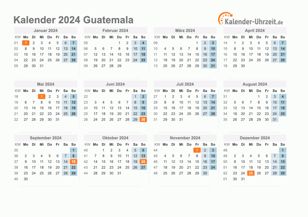 Kalender 2024 Guatemala mit Feiertagen zum Ausdrucken Kalender 2024 Guatemala mit Feiertagen
