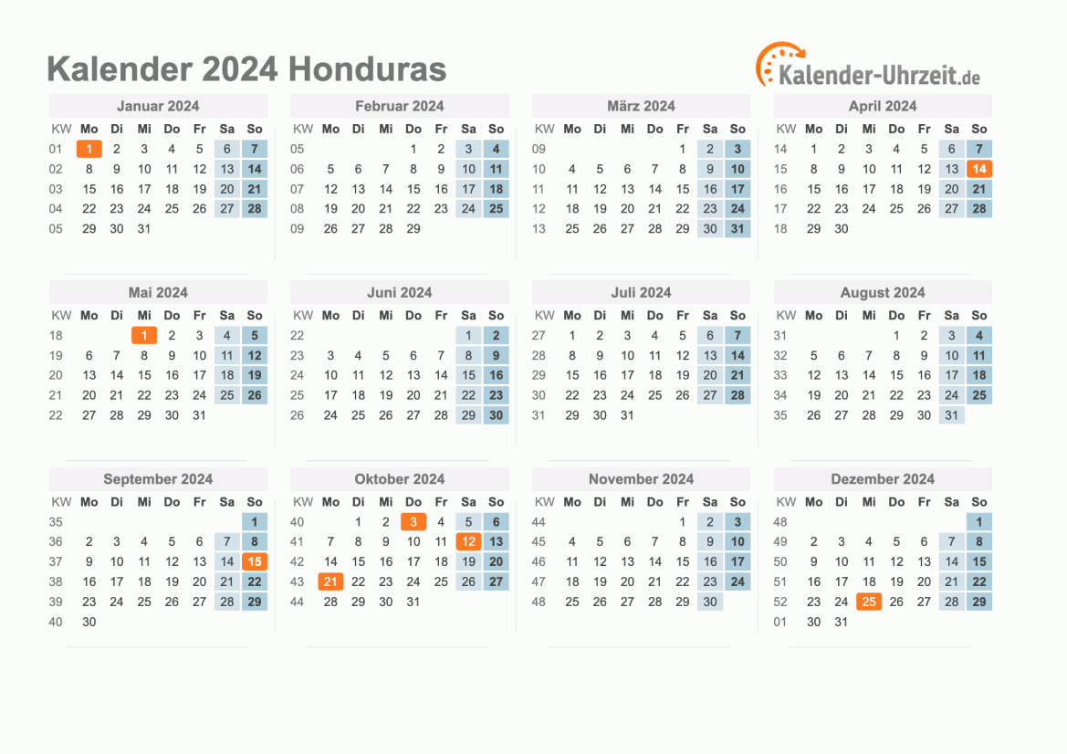 Kalender 2024 Honduras mit Feiertagen