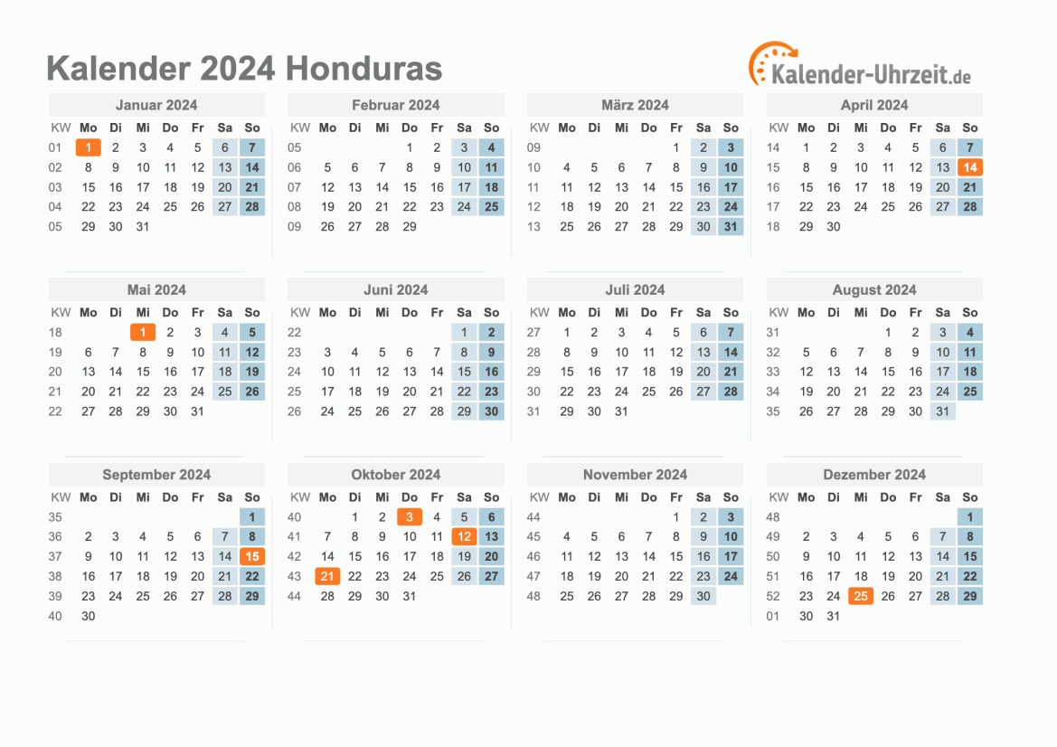 Kalender 2024 Honduras mit Feiertagen zum Ausdrucken Kalender 2024 Honduras mit Feiertagen