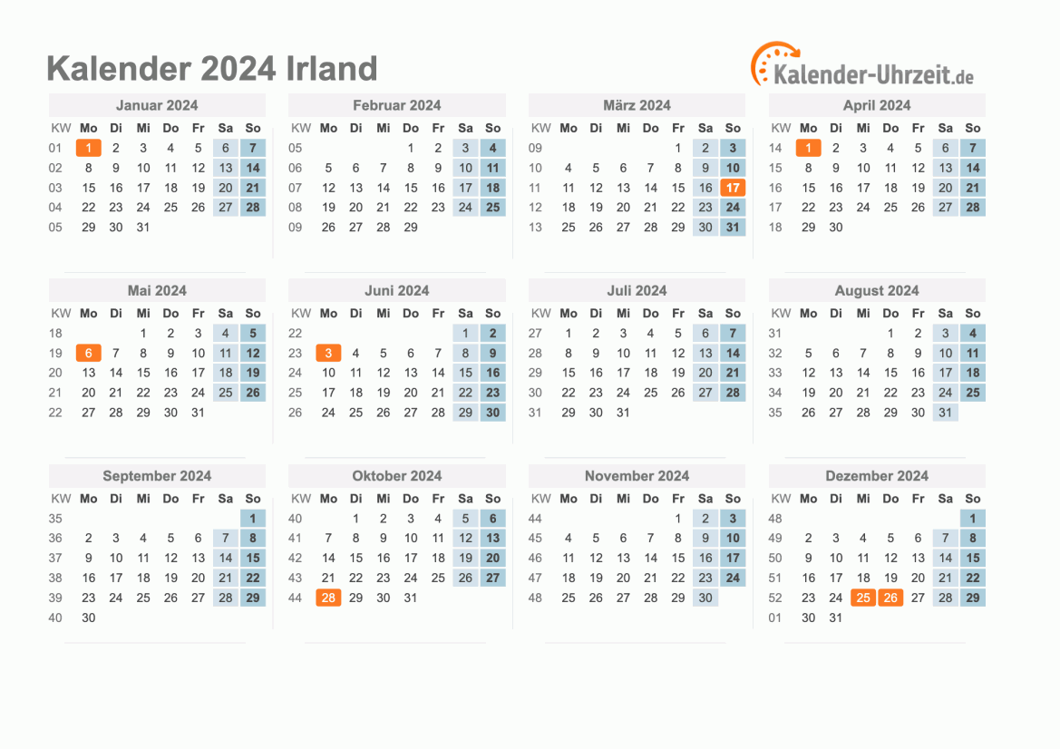 Kalender 2024 Irland mit Feiertagen