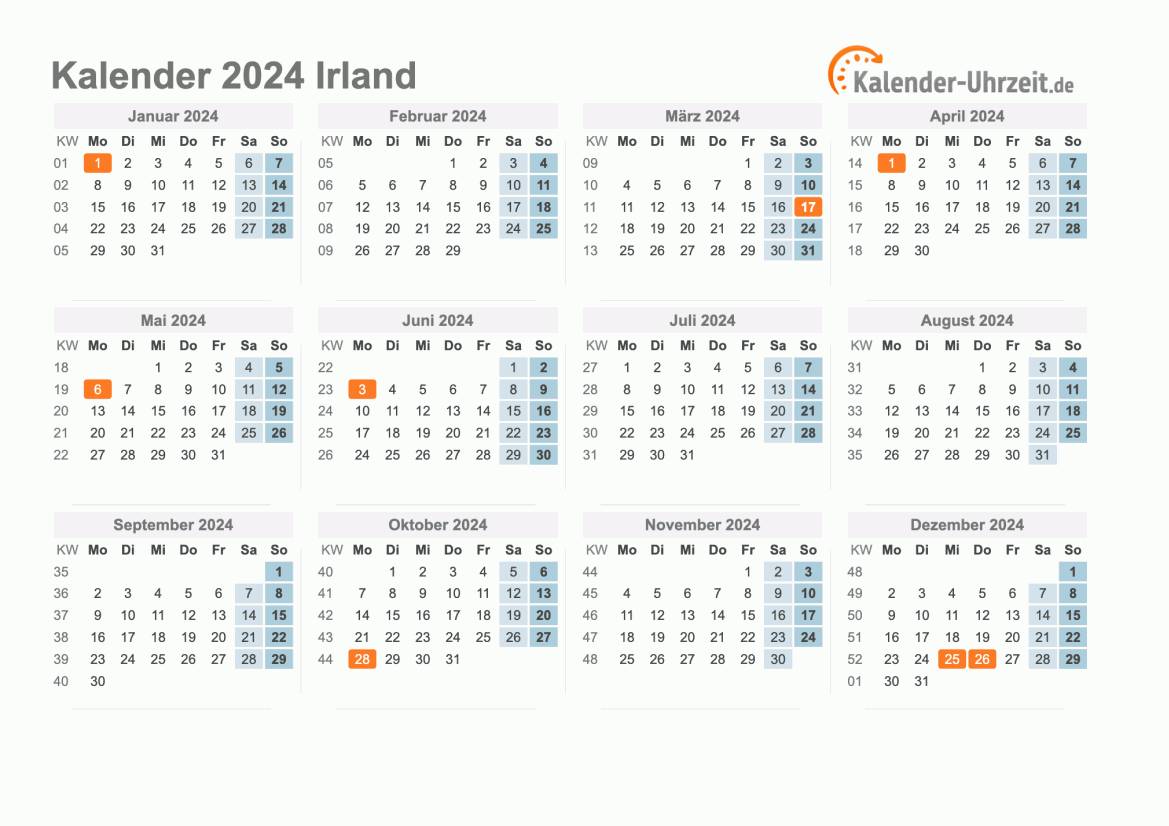 Kalender 2024 Irland mit Feiertagen zum Ausdrucken Kalender 2024 Irland mit Feiertagen