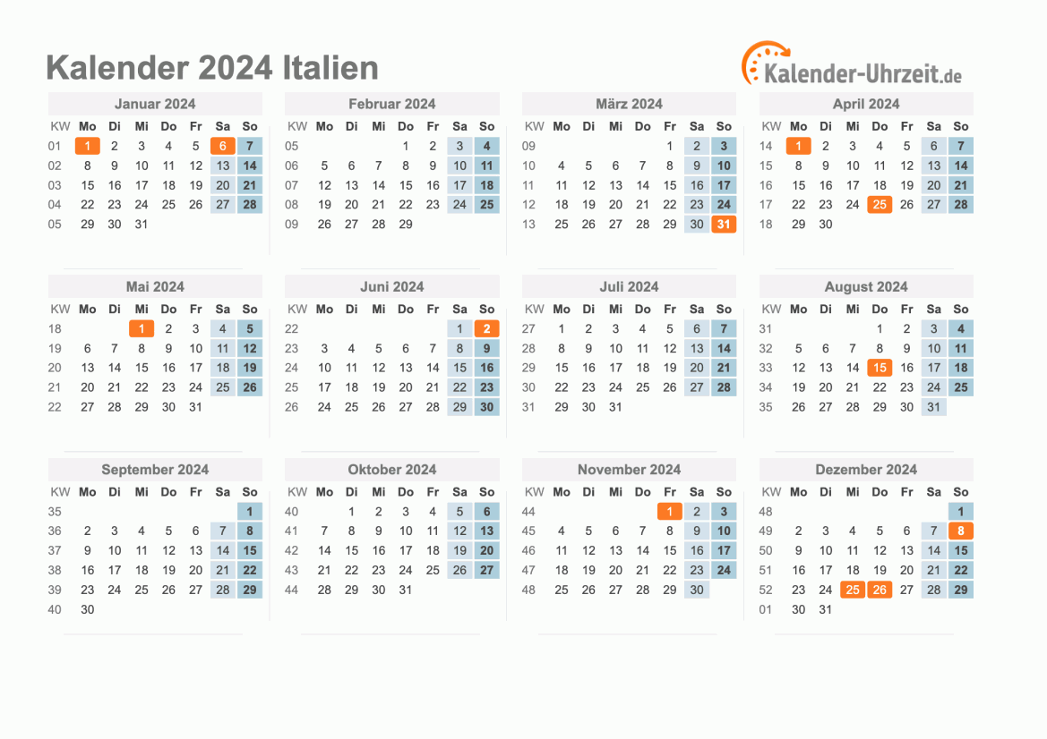 Kalender 2024 Italien mit Feiertagen zum Ausdrucken Kalender 2024 Italien mit Feiertagen