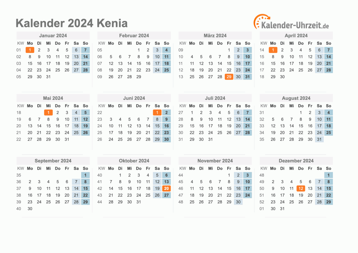 Kalender 2024 Kenia mit Feiertagen