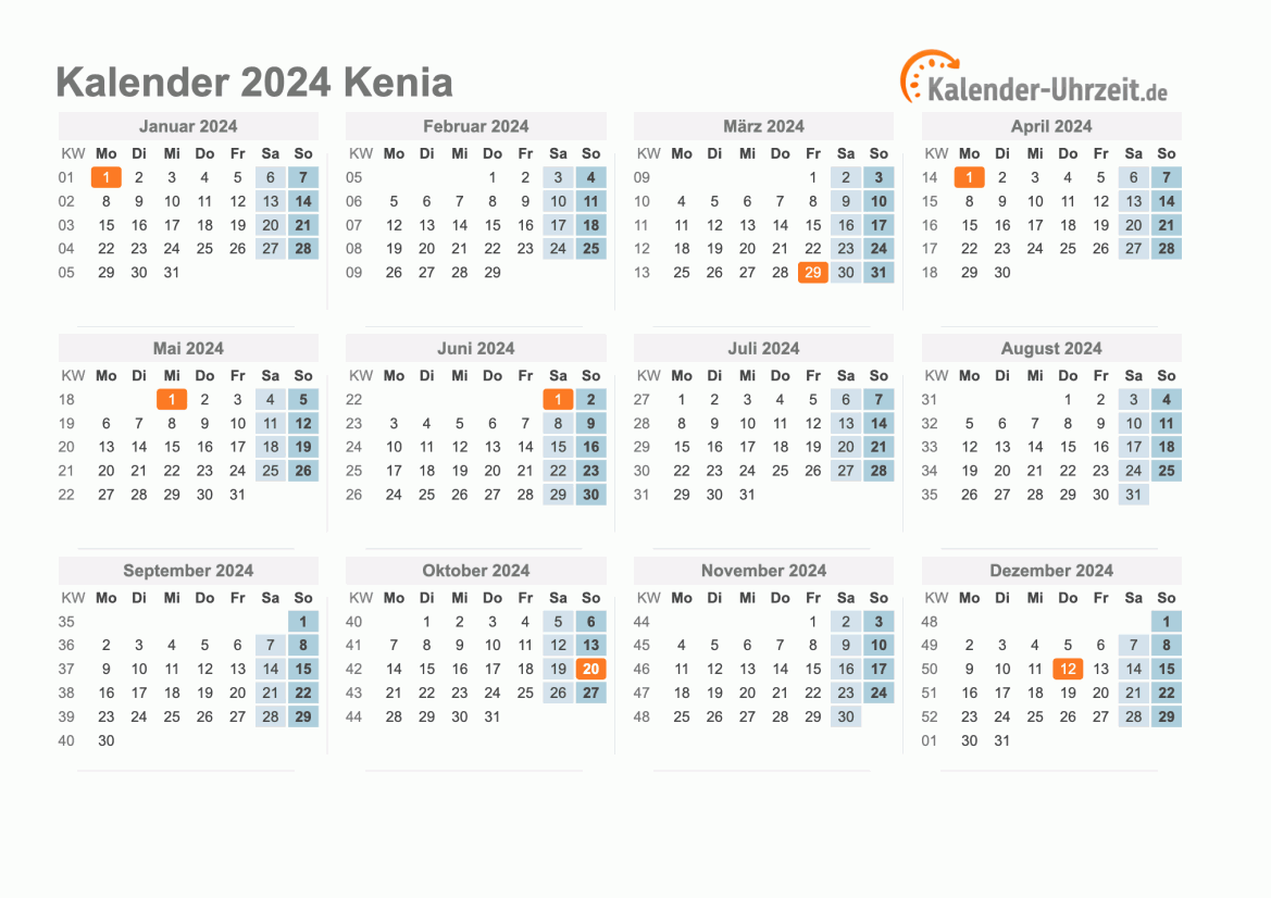 Kalender 2024 Kenia mit Feiertagen zum Ausdrucken Kalender 2024 Kenia mit Feiertagen