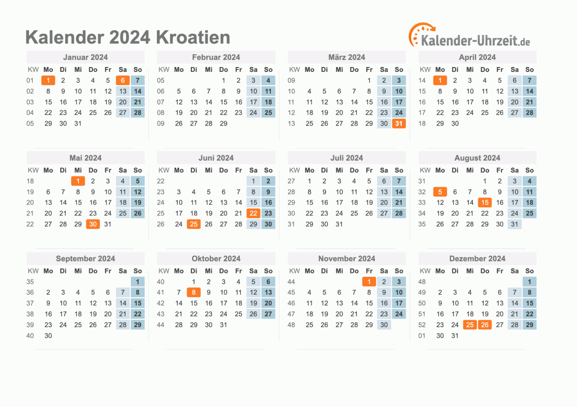 Kalender 2024 Kroatien mit Feiertagen zum Ausdrucken Kalender 2024 Kroatien mit Feiertagen