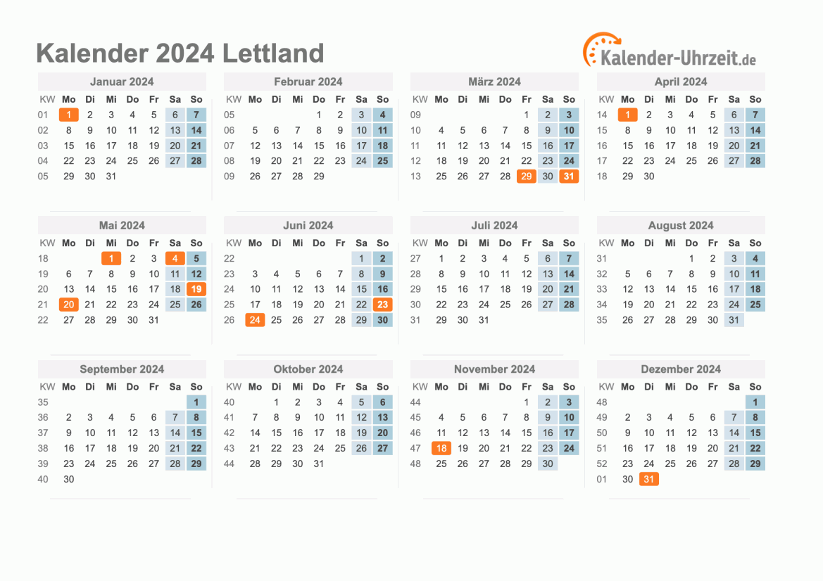 Kalender 2024 Lettland mit Feiertagen