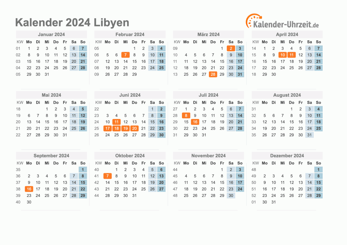 Kalender 2024 Libyen mit Feiertagen zum Ausdrucken Kalender 2024 Libyen mit Feiertagen