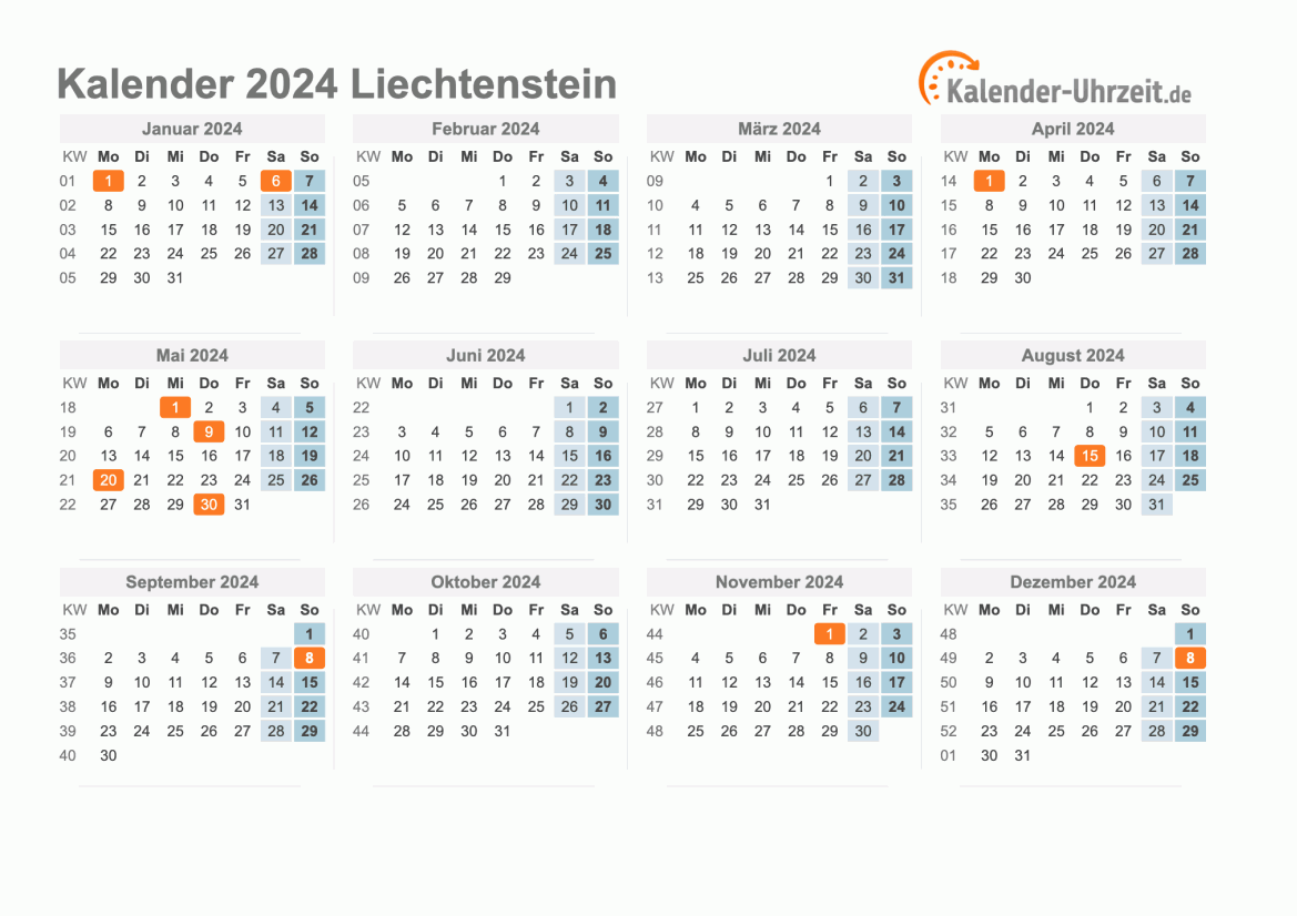 Kalender 2024 Liechtenstein mit Feiertagen zum Ausdrucken Kalender 2024 Liechtenstein mit Feiertagen