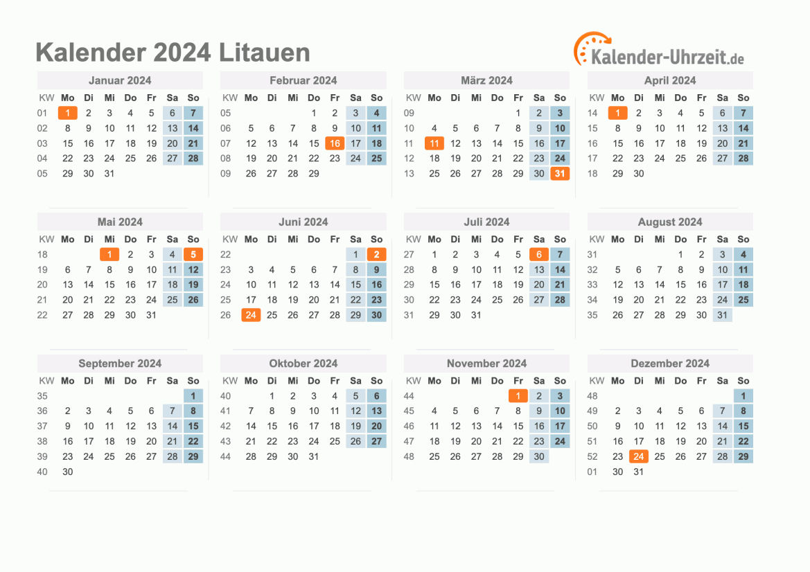 Kalender 2024 Litauen mit Feiertagen