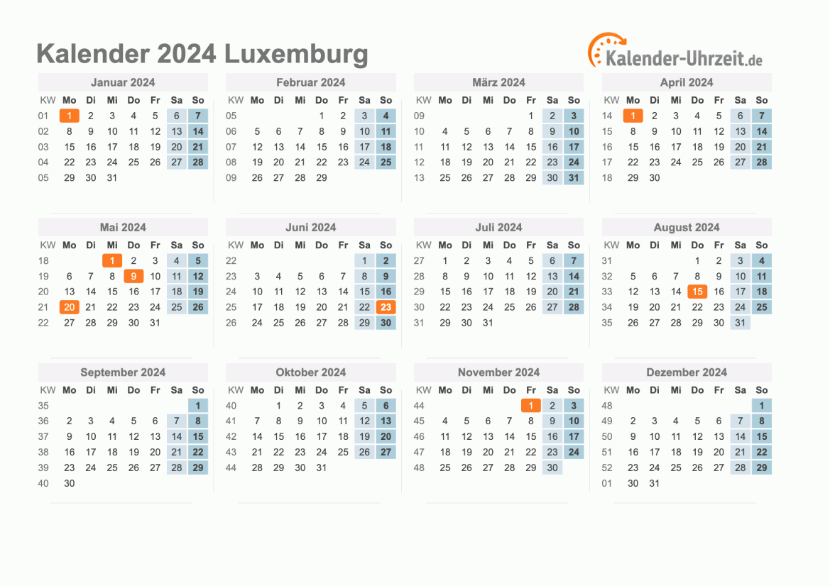 Kalender 2024 Luxemburg mit Feiertagen zum Ausdrucken Kalender 2024 Luxemburg mit Feiertagen