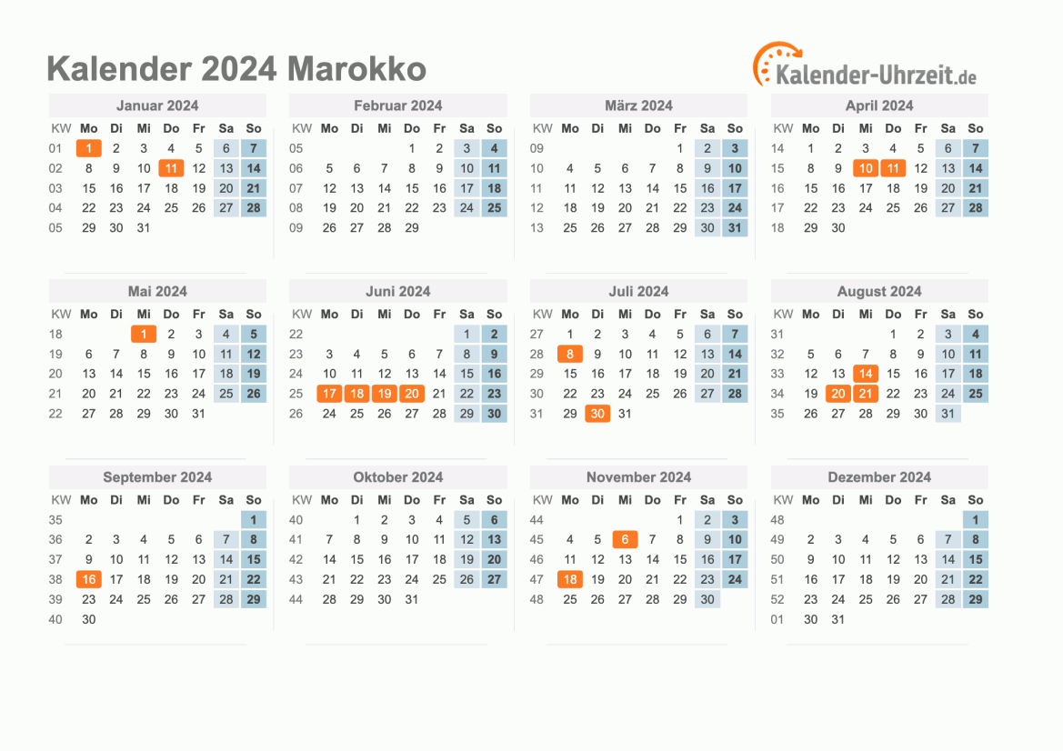 Kalender 2024 Marokko mit Feiertagen