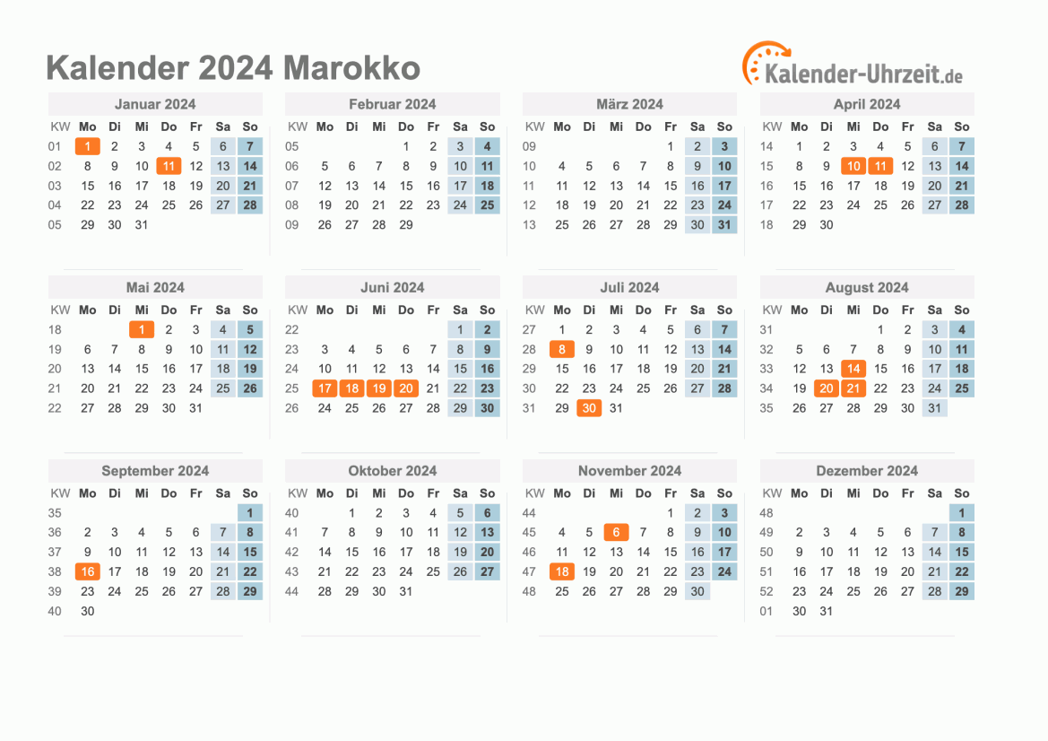 Kalender 2024 Marokko mit Feiertagen zum Ausdrucken Kalender 2024 Marokko mit Feiertagen