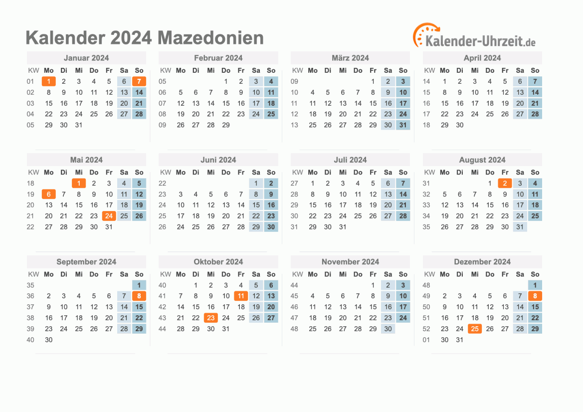 Kalender 2024 Mazedonien mit Feiertagen zum Ausdrucken Kalender 2024 Mazedonien mit Feiertagen