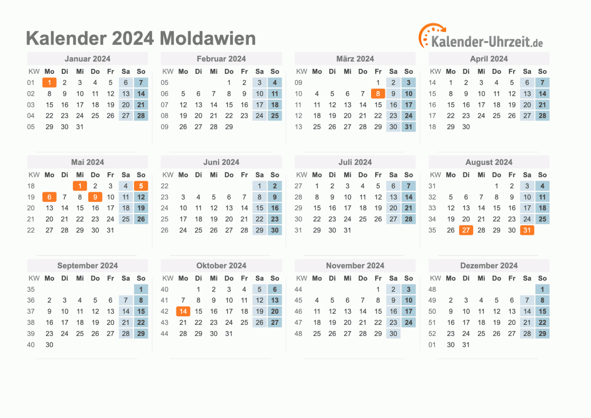 Kalender 2024 Moldawien mit Feiertagen