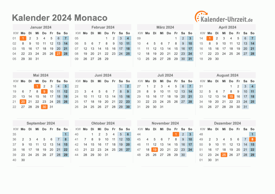 Kalender 2024 Monaco mit Feiertagen
