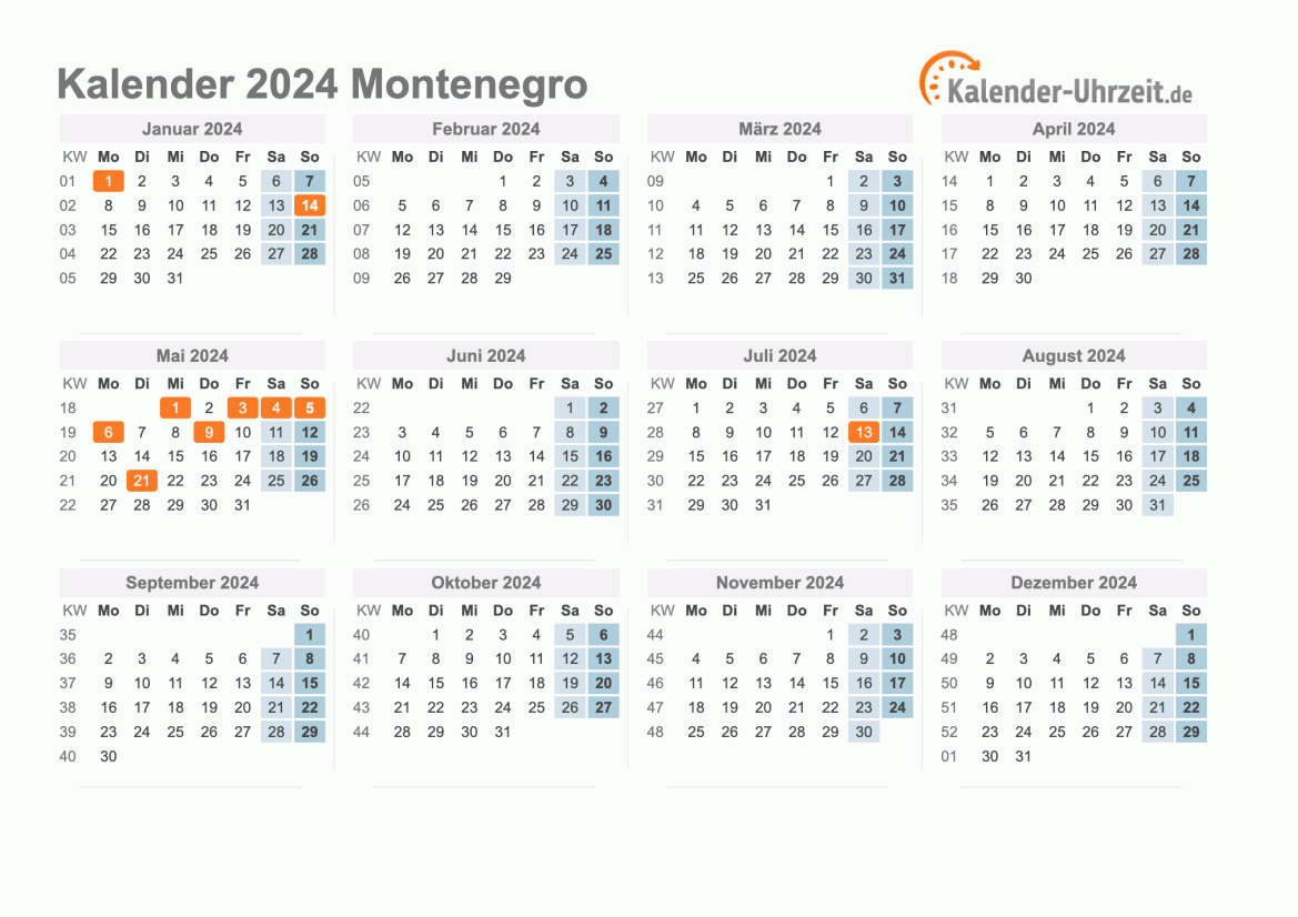 Kalender 2024 Montenegro mit Feiertagen
