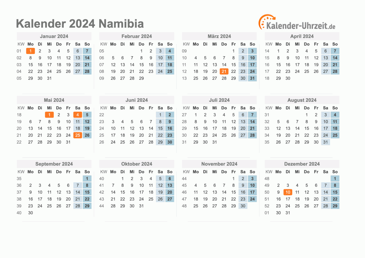 Kalender 2024 Namibia mit Feiertagen zum Ausdrucken Kalender 2024 Namibia mit Feiertagen