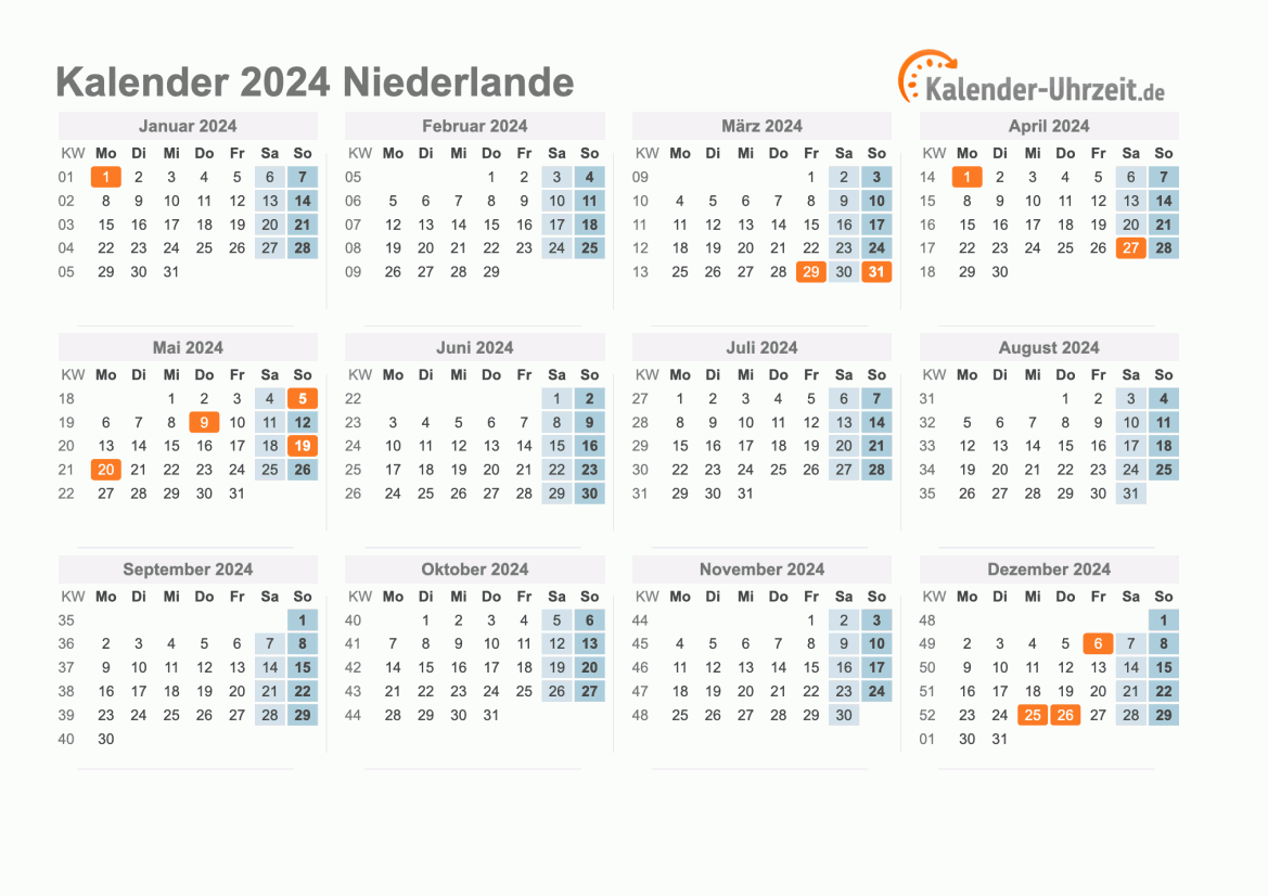Kalender 2024 Niederlande mit Feiertagen zum Ausdrucken Kalender 2024 Niederlande mit Feiertagen