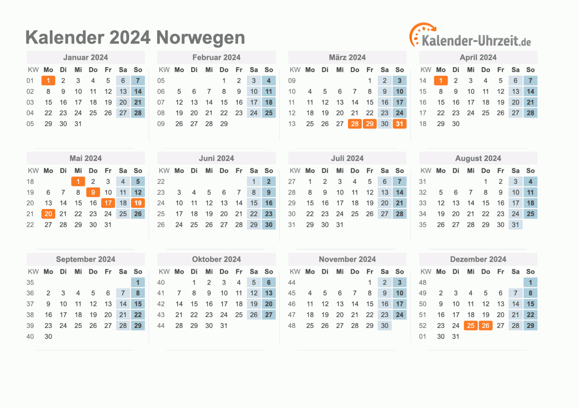 Kalender 2024 Norwegen mit Feiertagen