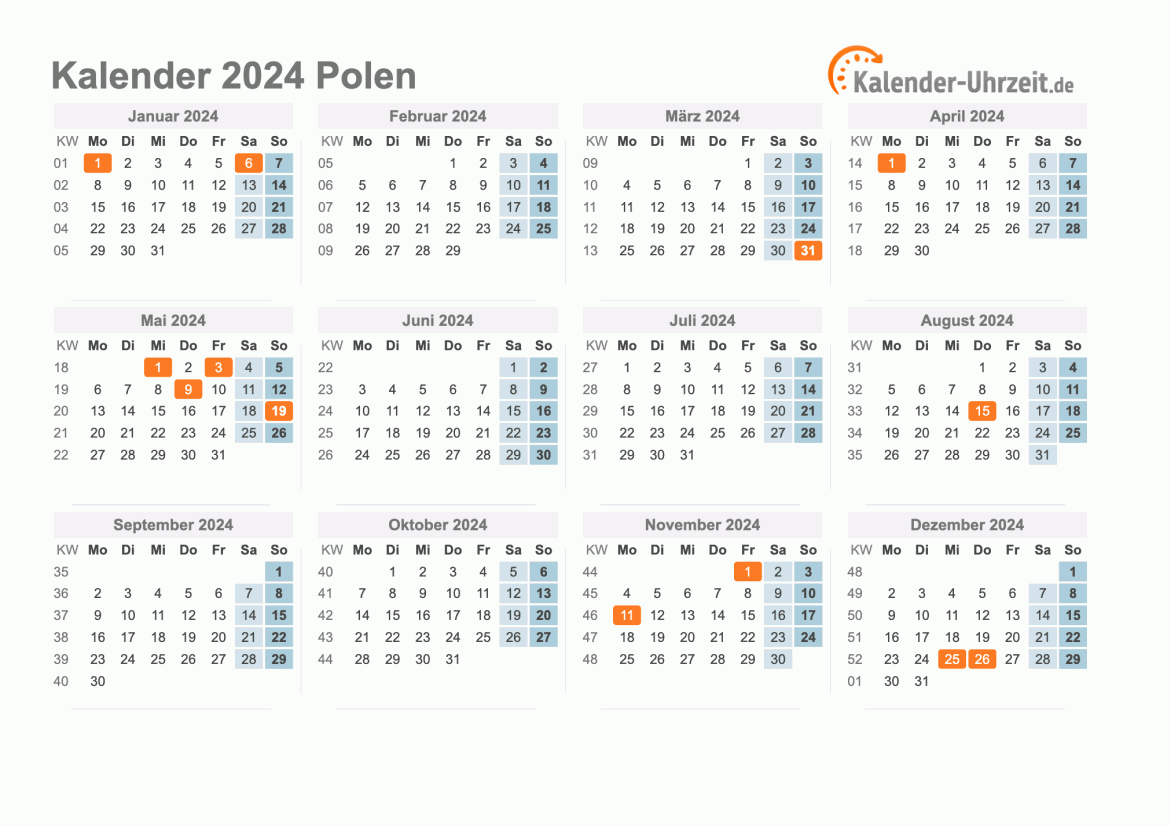Kalender 2024 Polen mit Feiertagen