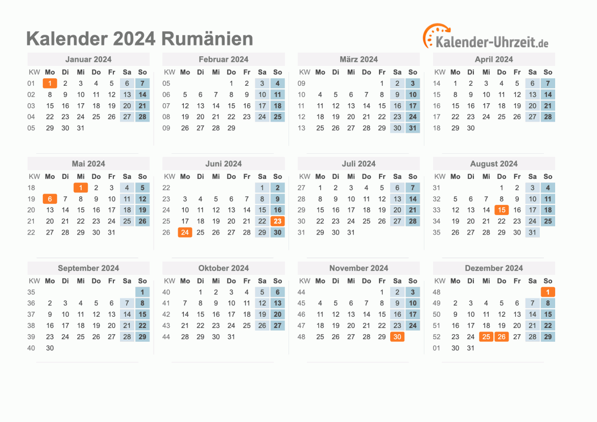 Kalender 2024 Rumänien mit Feiertagen