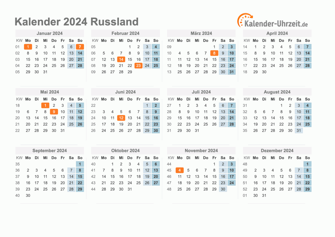 Kalender 2024 Russland mit Feiertagen