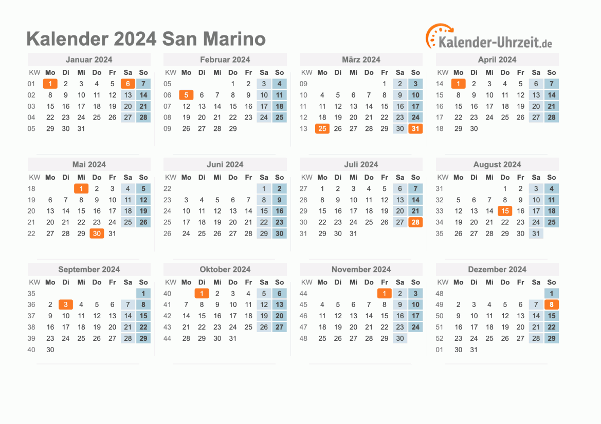 Kalender 2024 San Marino mit Feiertagen