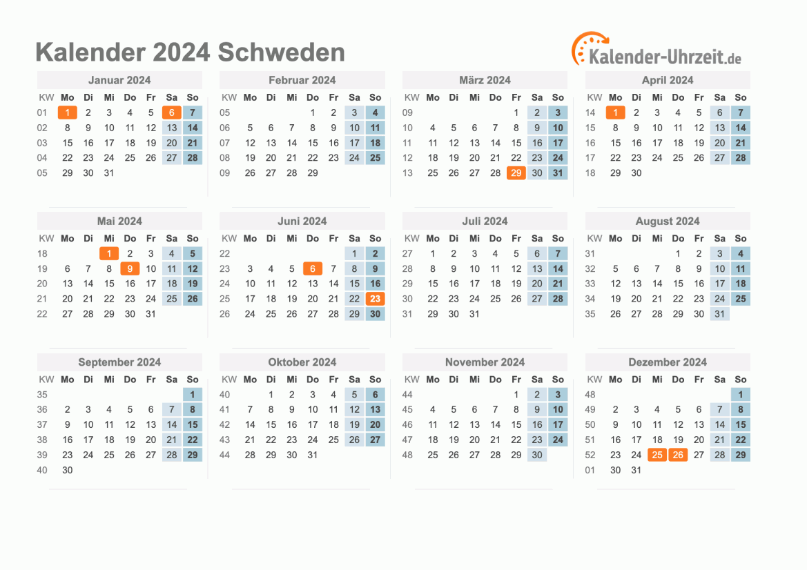 Kalender 2024 Schweden mit Feiertagen
