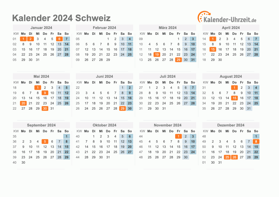 Kalender 2024 Schweiz mit Feiertagen