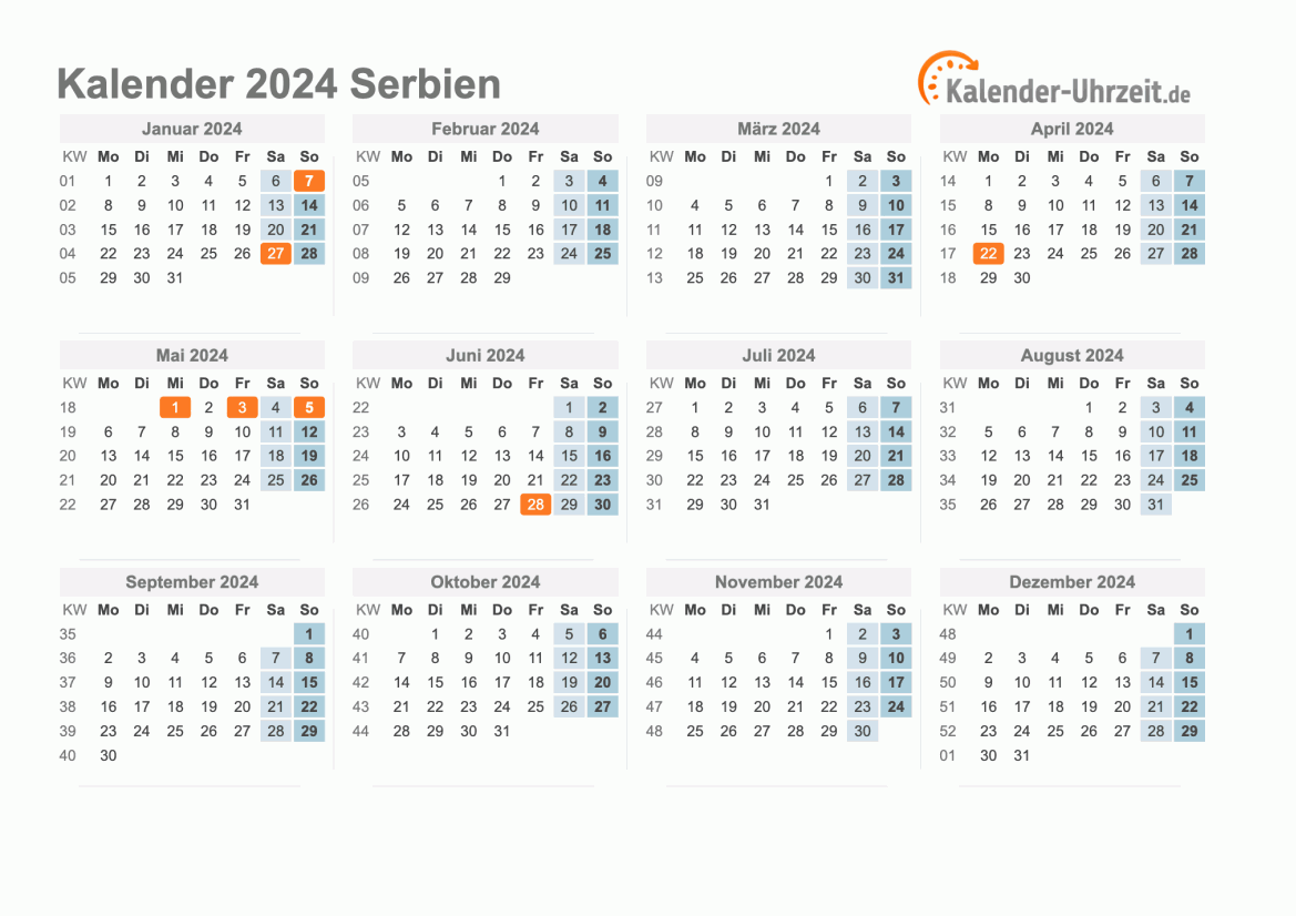 Kalender 2024 Serbien mit Feiertagen
