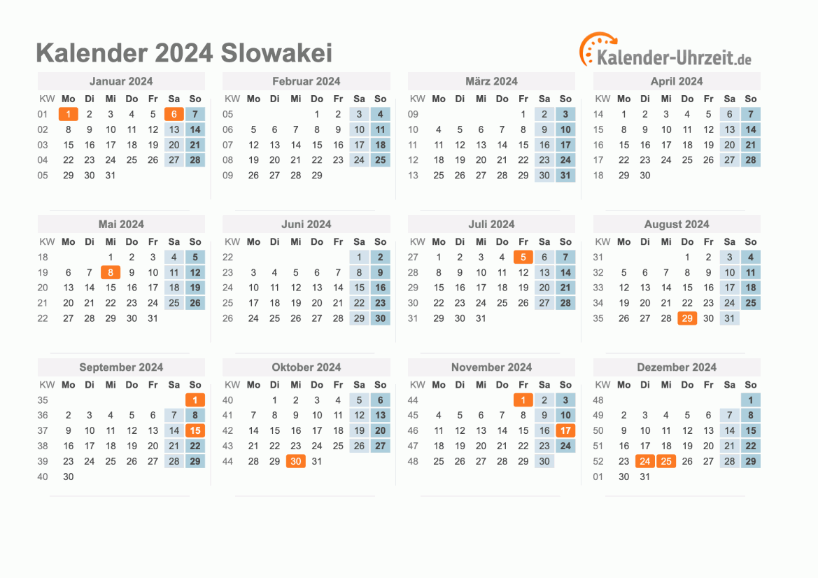 Kalender 2024 Slowakei mit Feiertagen