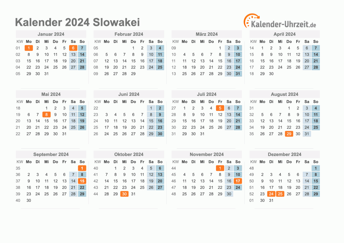 Kalender 2024 Slowakei mit Feiertagen zum Ausdrucken Kalender 2024 Slowakei mit Feiertagen