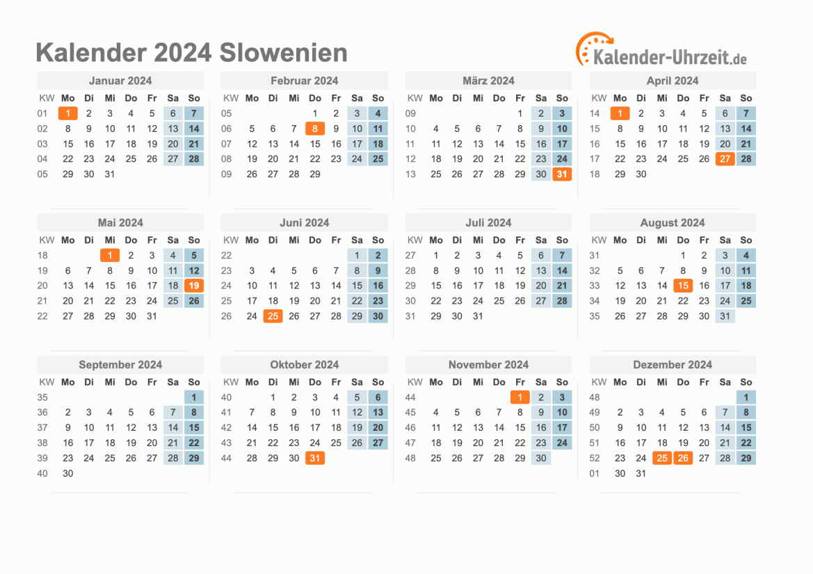 Kalender 2024 Slowenien mit Feiertagen