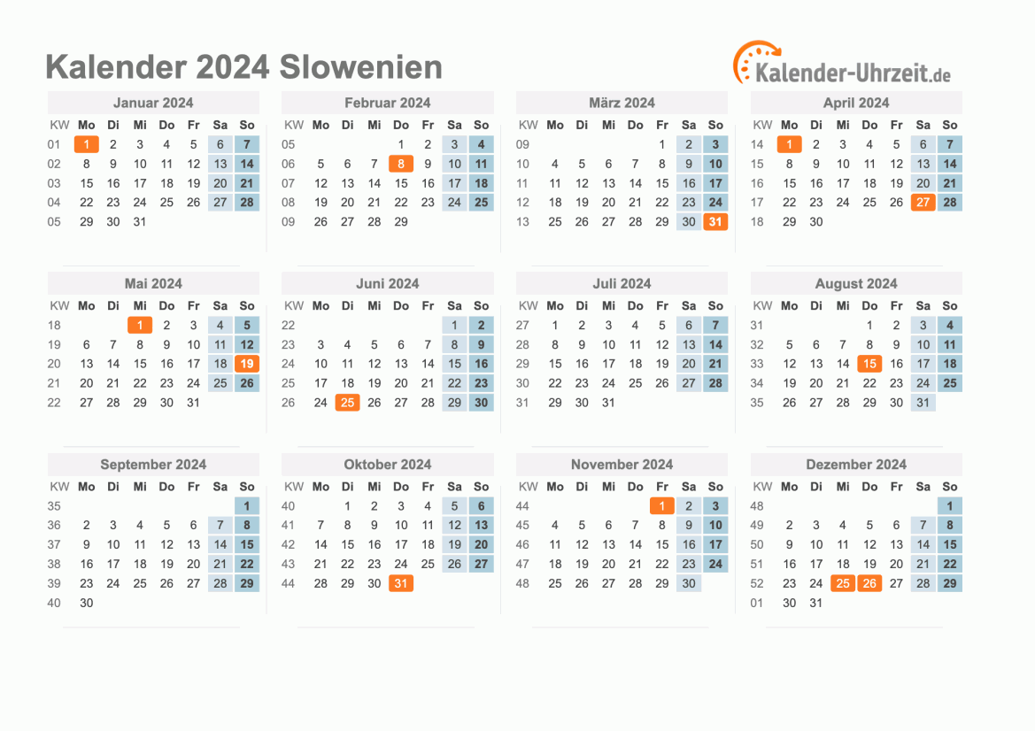 Kalender 2024 Slowenien mit Feiertagen zum Ausdrucken Kalender 2024 Slowenien mit Feiertagen