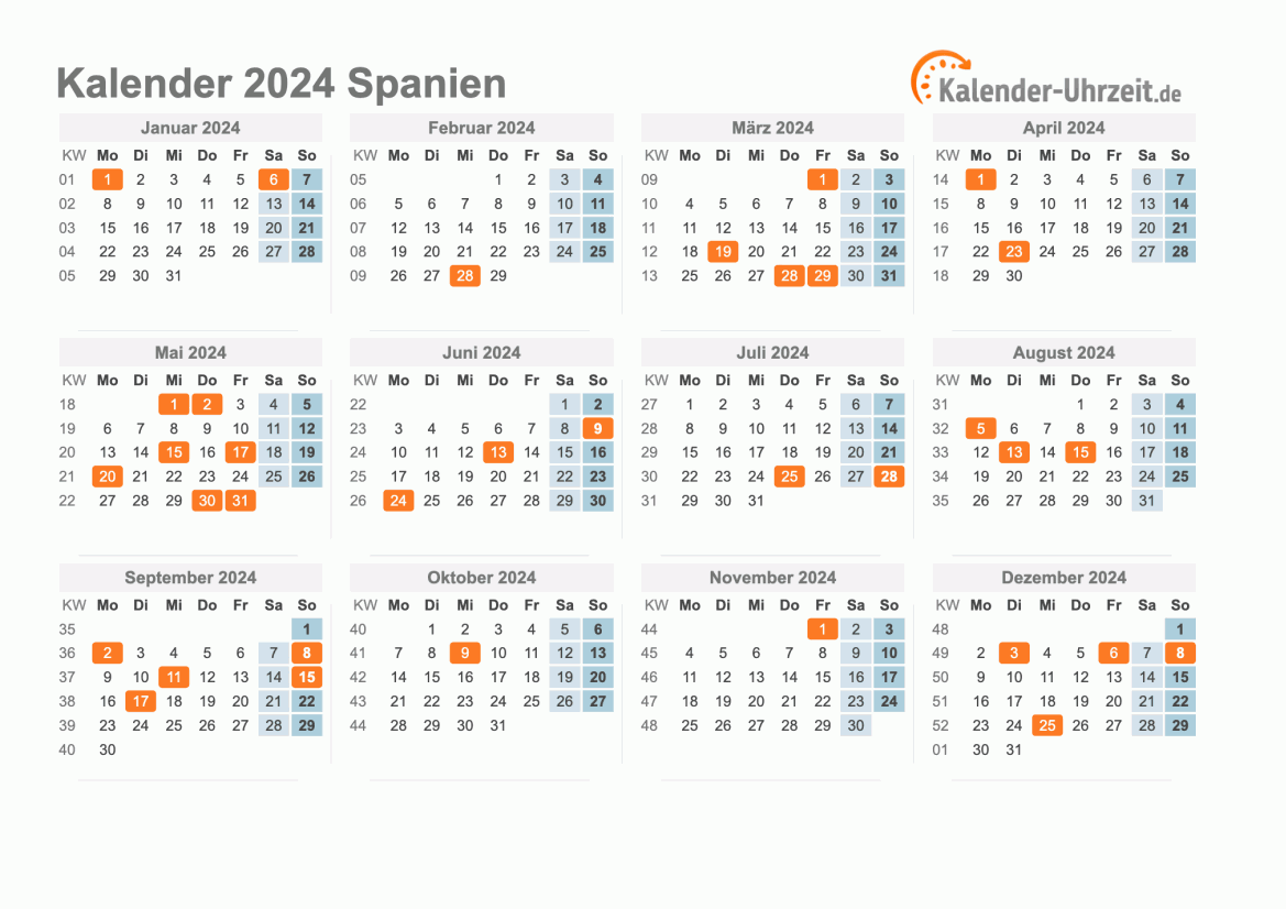 Kalender 2024 Spanien mit Feiertagen