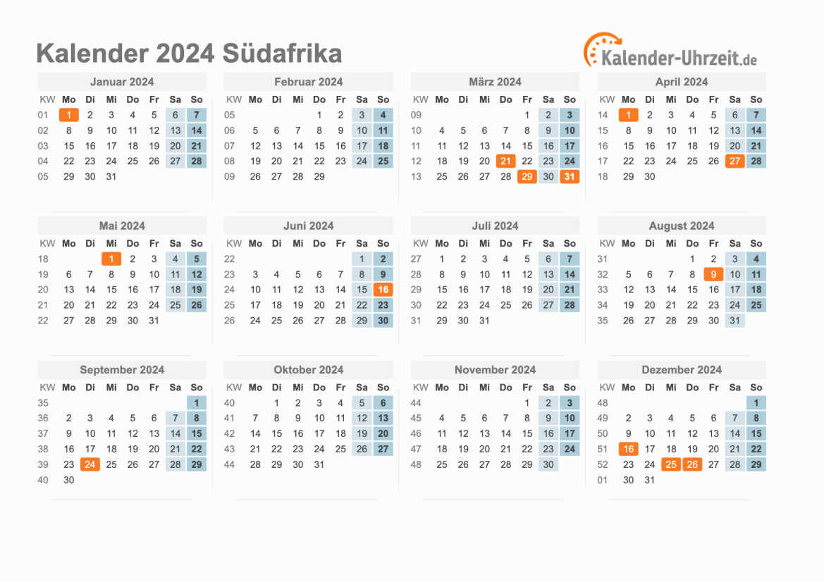 Kalender 2024 Südafrika mit Feiertagen