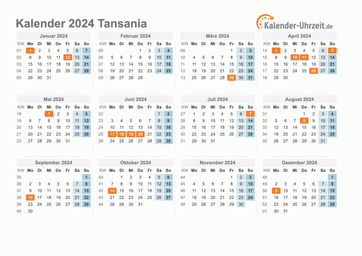 Kalender 2024 Tansania mit Feiertagen