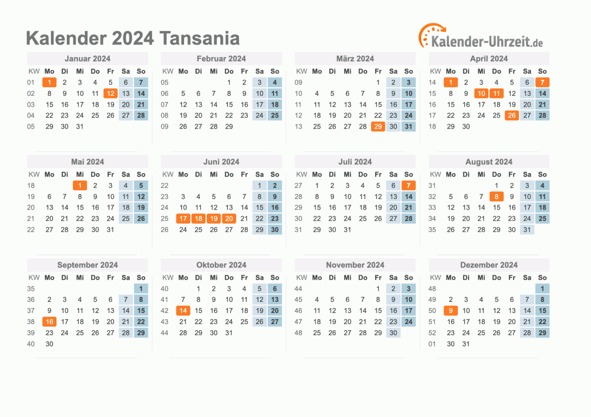 Kalender 2024 Tansania mit Feiertagen zum Ausdrucken Kalender 2024 Tansania mit Feiertagen