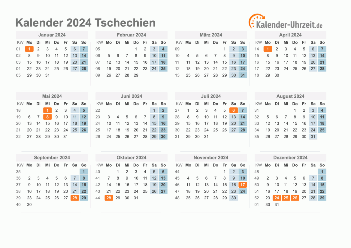 Kalender 2024 Tschechien mit Feiertagen zum Ausdrucken Kalender 2024 Tschechien mit Feiertagen