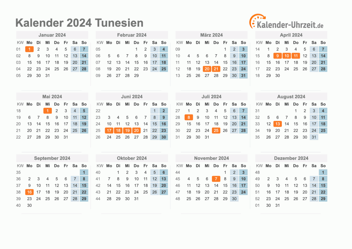 Kalender 2024 Tunesien mit Feiertagen