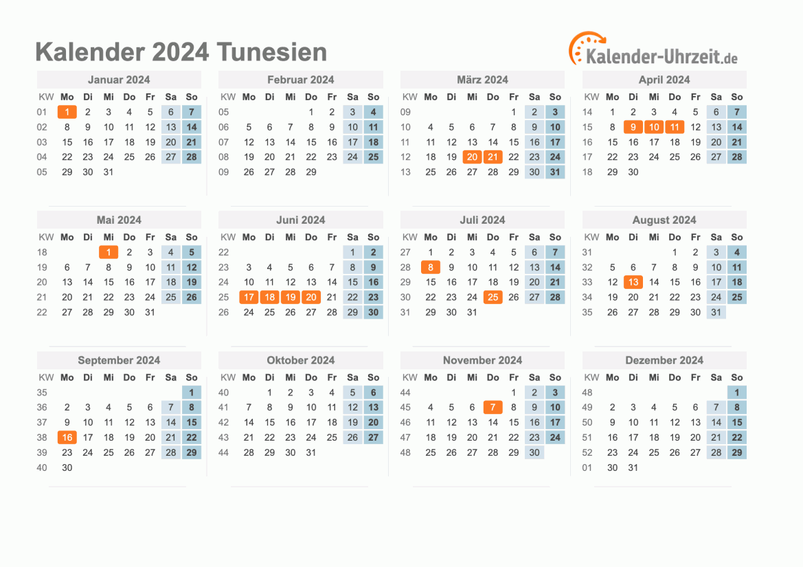 Kalender 2024 Tunesien mit Feiertagen zum Ausdrucken Kalender 2024 Tunesien mit Feiertagen