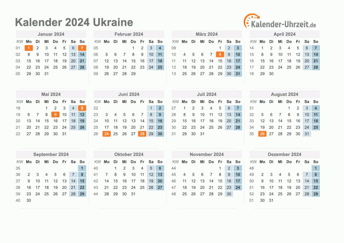 Kalender 2024 Ukraine mit Feiertagen