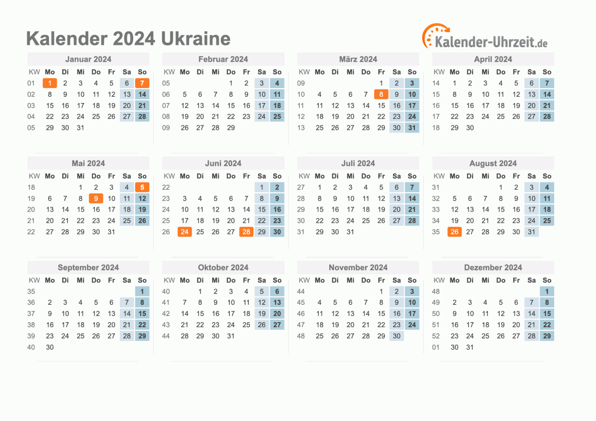 Kalender 2024 Ukraine mit Feiertagen zum Ausdrucken Kalender 2024 Ukraine mit Feiertagen